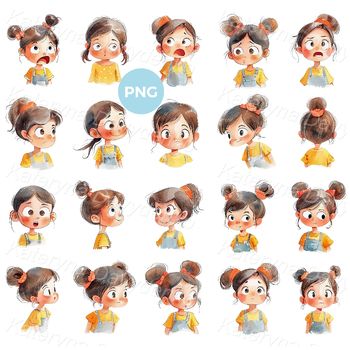 Preview of Face expressions of cartoon girl. Set of different emotions of kid PNG clipart