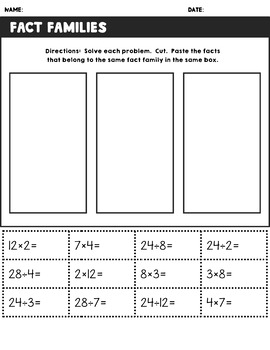 Fact Families Multiplication and Division (Third Grade Cut and Paste