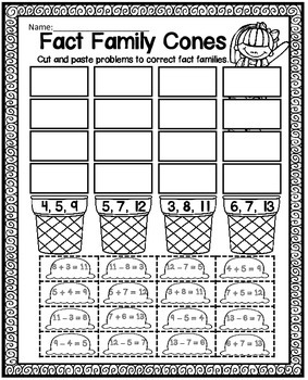 Preview of Fact Families Cut and Paste Worksheet - Addition and Subtraction Facts
