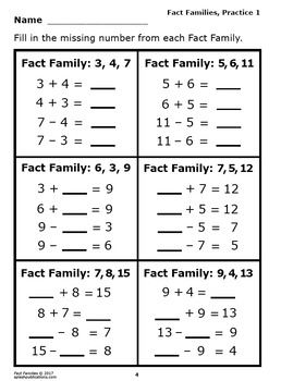 Fact Families Worksheets + Full Color Fact Families Game – DISTANCE