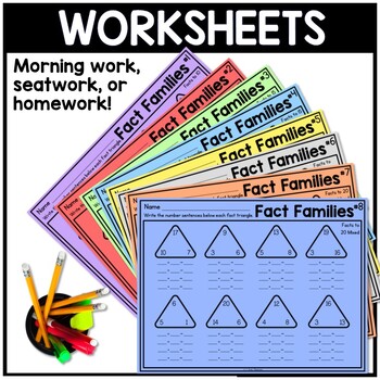 Fact Families Flash Cards (Triangles) and Activity Sheets (+ and - up