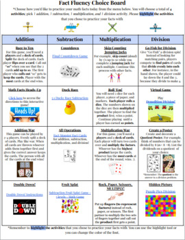 Preview of Fact Fluency Choice Board (Addition, Subtraction, Multiplication, & Division) 