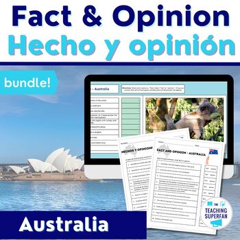 Preview of Fact Opinion Worksheet & Game -Australia- Bilingual Spanish hecho-opinión BUNDLE