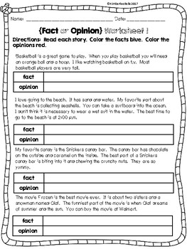 Fact or Opinion Worksheet Practice by KimberleeBelle | TpT