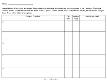 Fact/Opinion Reader's Response Graphic Organizer/Recording Sheet