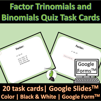 Preview of Factor Trinomials Quiz Google Forms, Slides and Printable Task Cards Algebra 1