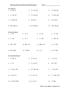 Preview of Factor and Solve Perfect and Difference of Squares Worksheet (55 problems!)
