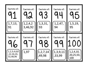 Factor Of A Number Reference Cards 1 Thru 100 By Effortless Tpt