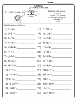 Factoring, Algebra, Difference of Squares Worksheets by Mathologist