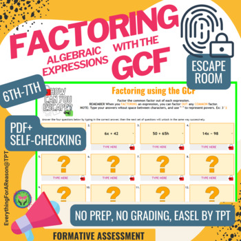 Preview of Factoring Algebraic Expressions with the GCF ESCAPE ROOM