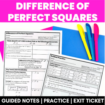 Preview of Factoring Difference of Perfect Squares Guided Notes Practice Exit Ticket Sped