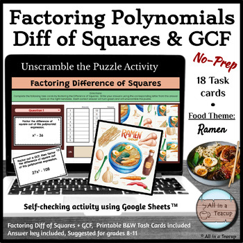 Preview of Factoring Difference of Square w/wout GCF Polynomials Ramen Puzzle & TC Activity