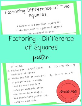 Preview of Factoring - Difference of Squares Poster
