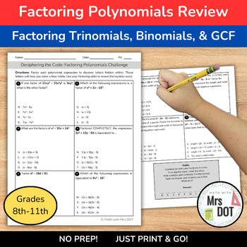 Preview of Factoring Polynomials Activity: Trinomials, Quadratics, GCF, and More