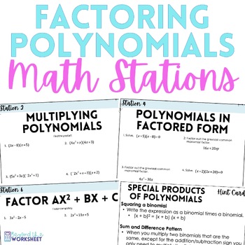 Preview of Factoring and Solving Polynomials Algebra Math Stations | Math Centers