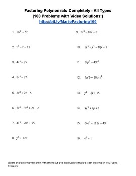 Factoring Polynomials Completely All Types (100 Questions with Video