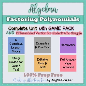 Preview of Factoring Polynomials Notes Practice Homework Quiz Test Differentiated + Games