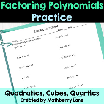 Preview of Factoring Polynomials Practice Review Worksheet Test Prep