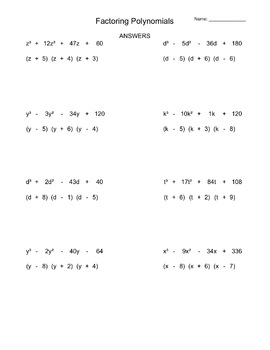 Factoring Polynomials Practice Worksheets by Mental Math Worksheets