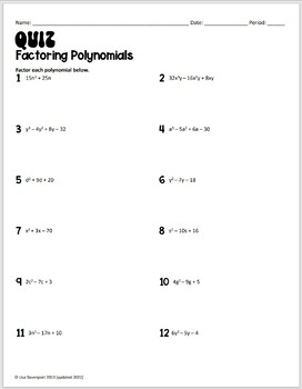 Factoring Polynomials Quiz for Algebra 1 by Lisa Davenport | TpT