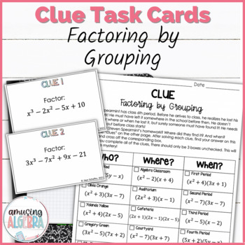 Preview of Factoring Polynomials by Grouping Clue Mystery Task Cards Activity