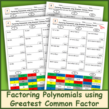 Preview of Factoring Polynomials using Greatest Common Factor (Color Mosaic)