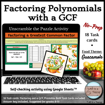 Preview of Factoring Polynomials with a GCF Unscramble the Puzzle Activity & Task Cards