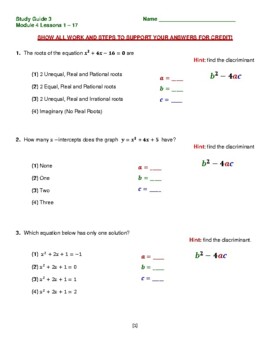 Preview of Module 4 Study Guide 3: Factoring & Quadratic Equations