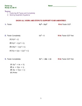 Preview of Module 4 Study Guide 1: Factoring & Quadratic Equations