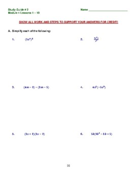 Preview of Module 4 Study Guide 2: Factoring & Quadratic Equations