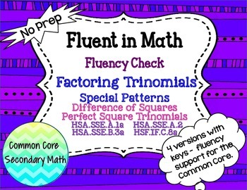 Preview of Factoring Quadratic Special Patterns Fluency Check : No Prep Fluent in Math