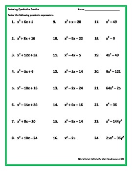 Factoring Quadratic Trinomials Worksheet by Mitchell's Math Madhouse