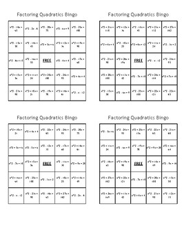 Preview of Factoring Quadratics Bingo - (100) Different Cards - Print, Cut, & Play!