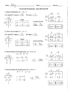 Preview of Factoring Quadratics Box Method 1 KEY