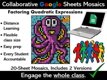 Preview of Factoring Quadratics, Google Sheets Mosaic (Distance Learning) Multiple Versions