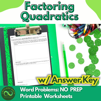Preview of Factoring Quadratics Word Problems - NO PREP Worksheet w/ Answer Key Part 2