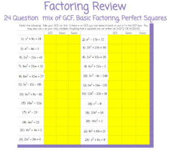 Preview of Factoring Review - Google Classroom - Conditional Formatting