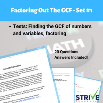 Preview of Factoring The GCF of Algebraic Expressions Set 1 Worksheet