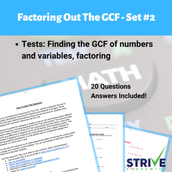 Preview of Factoring The GCF of Algebraic Expressions Set 2 Worksheet