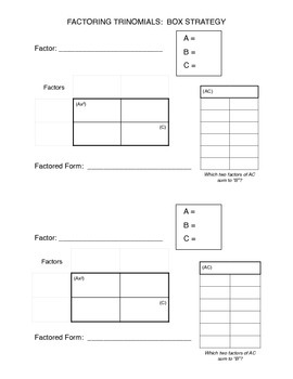Preview of Factoring Trinomials Box Method Graphic Organizer