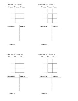box method for factoring trinomials worksheet