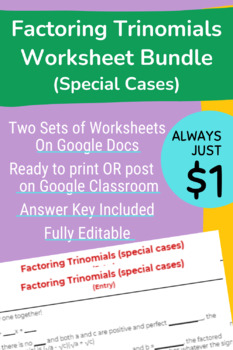 Preview of Factoring Trinomials Worksheet Bundle (Special Cases)