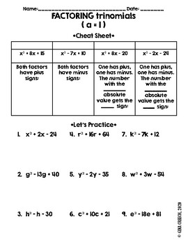 factoring trinomials worksheet a = 1 lavc.edu