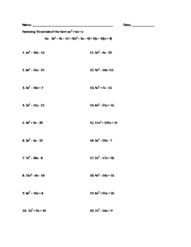 Factoring Trinomials in the form ax^2   bx   c (Worksheet 1) by Theresa