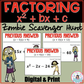 Preview of Factoring Trinomials when a=1  Zombie Scavenger Hunt Activity Digital Printable