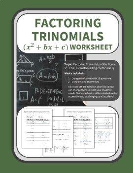 Preview of Factoring Trinomials x^2+bx+c Worksheet & Answer Key | Differentiated