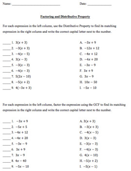 Preview of Factoring and Distributive Property Matching Column Worksheet