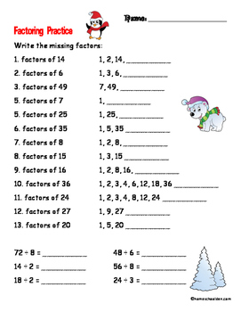 Preview of Factoring and Division Practice - Holiday Math Worksheet