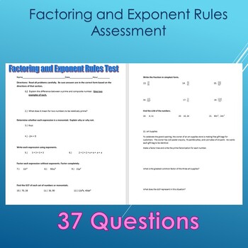 Preview of Factoring and Exponent Rules Test