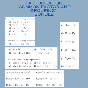 Preview of Factorisation (Common Factor and Grouping)  Bundle
